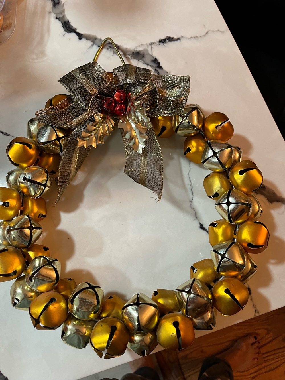 Festive Gold Jingle Bell Wreath with Ribbon Bow